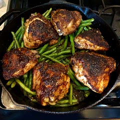 This recipe was good and pretty easy. My only critique is that the green beans turned out a bit oily since they cooked in both the butter and chicken drippings. Next time, I’ll probably cook them separately.
Also, the “sauce” in this recipe is more like a glaze (think honey baked ham), so make sure to salt and season your chicken well or you may just end up with sweet chicken.