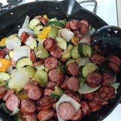 I thought this dish had a lot of flavor and was delicious. Oddly my kids liked the vegetables more than the sausage.