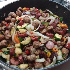First time making it, and loved it.
 I added 2 different sausages, Italian and Ukraine garlic sausage, and also added mushrooms. 
Will make it again.