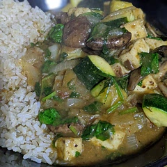 Had no bell pepper so used onion, courgette, mushroom, and spinach and air fried the tofu. Served with brown rice. Very lovely, quick and easy to make, will have again ☺️