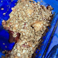 Very good recipe.  I scaled it to half and baked in an 8x8 pan. We were too excited to try it so I forgot to take the picture until after we cut into it. 
Was yummy with ice cream ( or whipped cream). Next time I would double the topping.