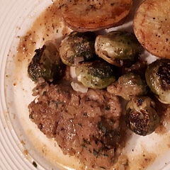 I used boneless skinless thighs dredged in flour ground mustard rosemary garlic powder and pepper and I roasted the Brussel sprouts in the oven alongside potatoes. Added onion garlic and thyme to the sauce. Great fall meal