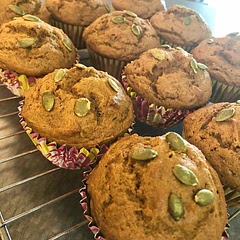 I used a scant cup of white sugar, and half butter/half avocado oil instead of coconut oil. I also topped with a few pumpkins seeds.
Baked for about 23 minutes - toothpick test came out clean. These are very moist.
