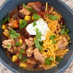 I used ground turkey instead of chicken, which I cooked before using. I also cooked the onions first. Because I wanted a soup versus turkey chili I used 7 ounces of extra liquid. Flavorful and will be even better the next day.