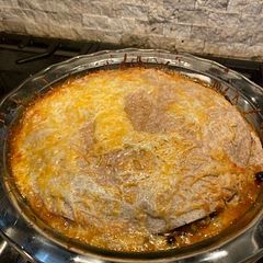 So easy!  It only took one pan and I used a pie dish to bake it.  I added peppers and onions because I felt like it needed some veggies to make it healthier and I’m glad I did.  I will definitely be making this again!