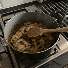 A few tweaks:

No white wine at home (don’t drink it), so used a tbl spoon of white wine vinegar plus extra stock.

No sour cream so used a tbl spoon of crème fraiche.

A little taster and it seems good to go!