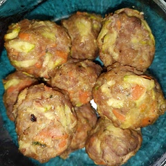 These were so delicious. I used quick cooking oats instead of bread crumbs, nutritional yeast instead of parmesan and ground pork and ground pork sausage rather than beef. I also used a cookie scoop to divvy them up so they were smaller than 1/4 c but still took just as long to cook. I think next time I will try to grate the veggies a bit smaller but they were super yummy. We popped them into the air fryer and really liked how those turned out. My 10 month old ate three of them in addition to his other food.