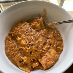 This recipe includes Cashew Butter which you can buy or make yourself if you have a high-powered blender or food processor. I made my own in the Vitamix (which was HARD to clean) but tasted fantastic and worked great in the soup. Everybody loved this including my 7-year-old. The only change I made was instead of just adding half a cup of tomato sauce, I just dumped the whole can in the interest of not wasting food and it made this even tastier I think than it would’ve been without it.