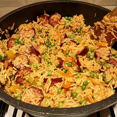 A tasty easy to make meal, the smoky polish sausages are the star here. We added a few drops of chipotle Tabasco for a wee smoky punch of heat in our bowls at the end. Really lovely!