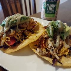1 lime =2 tbsp juice. Toppings I used were: shredded purple cabbage, diced tomatoes, sliced radishes, avocado, shredded cheese and cilantro lime dressing.  8/10