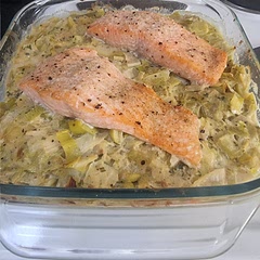 adeed nutritional yeast and used almond milk, veg stock, no capers, onion and 4 garlics, creme fraiche and mascaprone. bsked 20 min then 20min with fish on top. delicious!