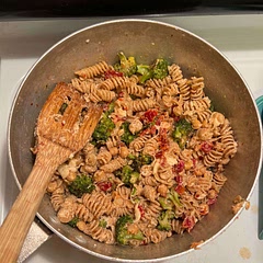 I baked the broccoli (450 for 15 min). Added an additional 1/3 cup of goat cheese and parm. Cooked the chickpeas with broccoli and tomatoes for ~5 min with pasta water.