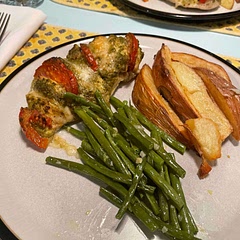 Easy to prepare and cook to provide a very tasty plate of food. Paired the chicken with garlicky green beans and skin on potato wedges.