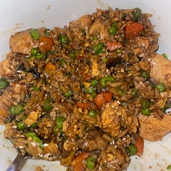 Added some oyster sauce, green onions and threw the rice in with the sauce after boiling down. Topped with sesame seeds.