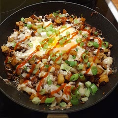 Shitake mushrooms make a good vegi replacement for bacon.
I'd also add garlic, because everything should have garlic. 