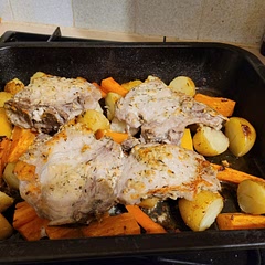 Changed the veg adding carrots, swede and sweet potato so cooked veg first for 30 mins before adding pork and cooking for another 30 mins it was very nice