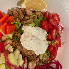 So good! Used Trader Joe’s tzatziki and Israeli couscous w some home made pickled onions