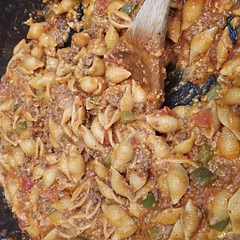 I added green pepper and cayenne because we were out of chili powder. Lots of salt and pepper. Turned out good.