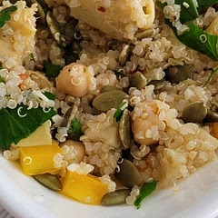 I took the shortcut of prepping my quinoa ahead of time so I didn't have to wait for it to cool. Added pepitas for a little additional savor and crunch, but other than that stuck to the recipe. This is a very fresh-flavored, bold salad and I'd serve it to anyone. Non-vegans might enjoy some crumbled feta on it instead of pepitas.