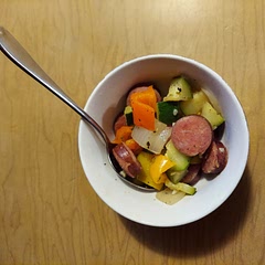 I love the sweetness of the different colored bell peppers against the slight spiciness of the sausage. I used pork kielbasa.