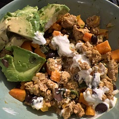 Spices: paprika, cayenne, cumin, Italian seasoning, garlic powder and onion powder. 

Add black beans and spinach 

Top with avocado and sour cream