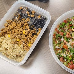 I made pico de Gallo my own way, which I kept separate so I could heat up the other ingredients. I also substituted cauliflower rice, and made black beans with jalapenos, bacon, and onions.