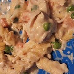 I used one big can of cream of chicken. I was worried it was going to be too salty because of the dressing, broth and soup but it was just right.