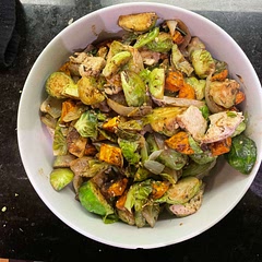 air fryed sweet potatoes before and excluded bacon and apples bc i’m not a huge fan… also used a TON of brussels sprouts bc they’re my fav! pretty good. lots of chopping