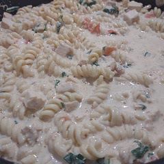 I added noodles and cut up the chicken. It was a lil sour so I added a lil heavy whipping cream and mozerella cheese. It was great