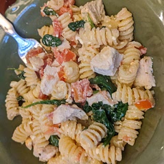 I chopped up a regular tomato, used dried herbs, and added some chicken. I wish I had save more than 1/2 cup of pasta water because it still was just a bit dry. But we all loved it, and my 11yo son had seconds. It was so easy and I'll definitely make this in the future when I just want to make a lazy, delicious dinner that everyone will love!