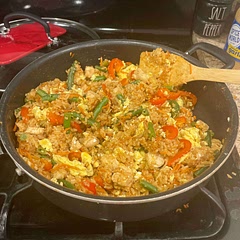 Flavor was a little off because I couldn’t find Chinese five spice anywhere but overall it was a great dinner! Rice got mushy but we didn’t have day old rice and I’m not sure how else to get it crispy but will make again and continue to work on it!