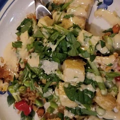 I fried the rice with the veggies, and threw some greens and cilantro from my fridge on top. 😋 Yum!