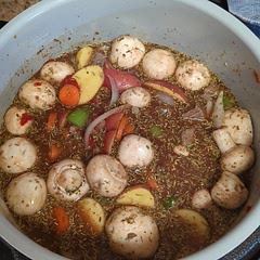 Added whole mushrooms and Worcestershire sauce.