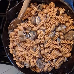 I used red lentil rotini to boost the protein.  White button and oyster mushrooms were easily found. Smells divine. Will taste it when it's a bit cooler.

Oh, yes. Rich flavor.