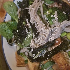 I had soba so I used those. pan fried the tofu. Had baby bok choy, edimame, and broccoli so used that for veg. Threw on some seaweed snacks at the end. Pretty much just used the broth recipe here! ;)