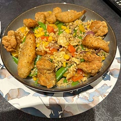 Added extra veg and grated ginger. Bit less chilli too. Served with salt and pepper squid and sole goujons. Yum! One to make again! 😁