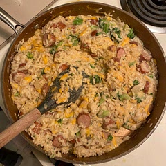 used garlic powder, seasoning salt, salt, pepper, & switched the regular sausages for jalapeño cheddar sausages. I think it would’ve been very plain without the changes we made