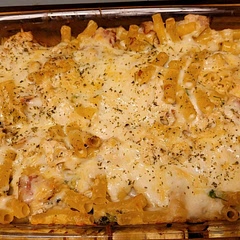 This is very yummy ! I used 1 and 1/2 jars of alfredo sauce and just added a cup or so each of parm and mozzarella. I also added broccoli and I used ziti pasta. I'll make it again!