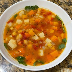 Delicious! I used russet potatoes and butternut squash instead of sweet potatoes. I also added chickpeas and spinach at the end. I was unsure about the mustard but it was great! My 4 year old loved it too - we were challenging each other to see if we could get every type of vegetable onto our spoons! He ate a large bowl, which is a huge win for us!