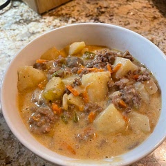 Great comfort food just in time for the cold weather. I made it in my insta-pot, so it was easy. I also added celery and mushrooms. It thickened up nicely (not reflected in photo)).