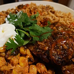 Delicious. I used chicken thighs and baked at 425° for 35 minutes, and got to use the marinade as sauce. Thank you!