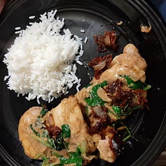 made with thighs instead of breast (cheaper) and no sun dried tomatoes (couldn't find, also wasn't too interested in having them anyway) and it's real good! also did a side of jasmine rice and it's great :)