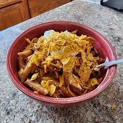 I changed the shells to whole wheat penne, I added diced green chilies, and sour cream. and crumbled cool ranch Doritos on top! 