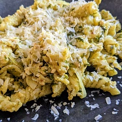 Partner loved this pasta and so did I. Listened to the comments about doubling the pesto amount (kinda tripled it cause I love pesto). 

Added tofu and seasoned with Italian seasoning and extra garlic powder for some protein.