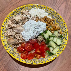 YUM! The chicken came out pretty bland so I added more seasoning and ended up almost doubling the amounts. Air fried the chickpeas and added some feta cheese! I also couldn’t find tahini, so I made tzatziki instead and it tasted great with it.