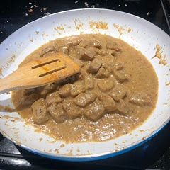 SUPER yummy! I added some flour to the sauce to help thicken it up, and ate it over rice with broccoli.