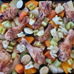 Recommended to put cut up vegetables and place in a bowl to season before placing on the baking tray to roast. If not using cherry tomatoes recommend using 500mL of stock.