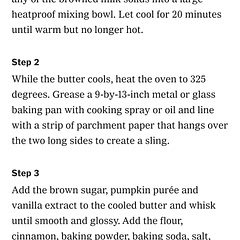 Step 1
In a small (preferably light-colored) saucepan, melt the butter over medium heat. Continue cooking, stirring constantly to prevent the milk solids from burning, until the butter foams, darkens into a light amber color and becomes fragrant and nutty, about 3 to 4 minutes more. (Watch closely to make sure the butter doesn't burn.) Immediately pour the butter along with any of the browned milk solids into a large heatproof mixing bowl. Let cool for 20 minutes until warm but no longer hot.

Step 2
While the butter cools, heat the oven to 325 degrees. Grease a 9-by-13-inch metal or glass baking pan with cooking spray or oil and line with a strip of parchment paper that hangs over the two long sides to create a sling.

Step 3
Add the brown sugar, pumpkin purée and vanilla extract to the cooled butter and whisk until smooth and glossy. Add the flour, cinnamon, baking powder, baking soda, salt, ginger, cloves and nutmeg and stir with a spatula just until a soft dough forms with no pockets of unincorporated flour. (Try not to overmix.) Add 1¼ cups/216 grams of the chocolate chips and stir to evenly distribute throughout the dough.

Step 4
Transfer the dough to the prepared baking pan and press into an even layer using a spatula or clean hands coated with nonstick spray or oil. Sprinkle the top with the remaining chocolate chips, pressing them in so they stick. Bake until the bars are puffed, the top is lightly browned and a skewer or knife inserted into the center comes out clean with just a few moist crumbs attached or with smudges of melted chocolate, 30 to 45 minutes.

Step 5
Let the bars cool in the pan on a wire rack for at least 1 hour. Using the parchment paper, lift the bars out of the pan and cut into 24 squares. The cookie bars will keep in an airtight container at room temperature for up to 5 days.
