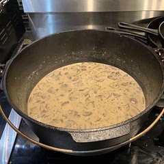 Since it is just after Thanksgiving, I used homemade turkey stock and a splash more Marsala wine. Also used baby portobello mushrooms.  Very tasty but will probably back down the amount of thyme, 4 teaspoons was quite overpowering.