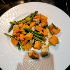 Cook sweet potatoes for 5 to 6 minutes if using a lid that completely covers the pan. 7 minutes was a little overdone. Needed a little more oil on the veggies. Other than that, it was delicious!
